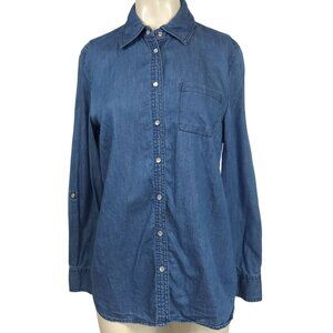 ORVIS -WOMEN'S SMALL -BLUE DENIM LONG SLEEVE  SNAP COTTON TOP SHIRT